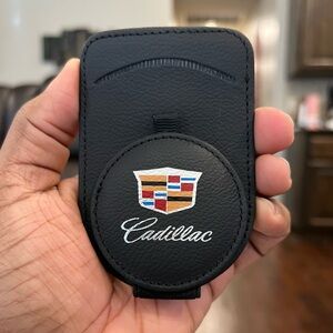 CADILLAC Black & Silver Leather Visor Glasses Holder